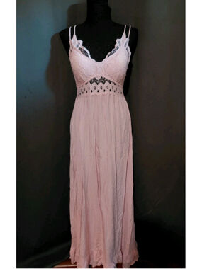 Pink Lily Light Pink Boho Ruffle Crochet Lace Maxi Sun Dress Size Small